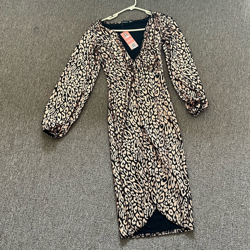 LEOPARD SEQUIN TWIST FRONT MIDI DRESS